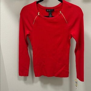 INC International Concepts Red Long Sleeve Top with Gold Zipper Details